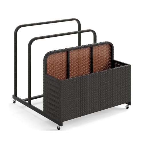 GIANTEX Mensola da piscina con 2 portasciugamani e cassapanca in vimini, 4 ruote per spostamento facile, baule piscina all'aperto per boe, materassi gonfiabili, cuscini (marrone)