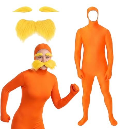 PWCTNT Orangener Ganzkörperanzug Halloween Kostüm 2 Teiliges Kostüm Faschings Kostüm Karneval Party Orange Ganzkörperanzug mit gelbem Schnurrbart(L)