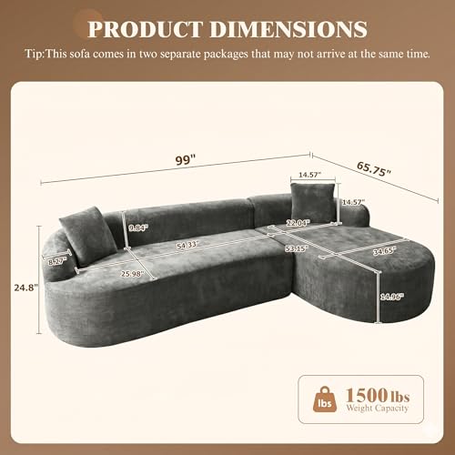 Image of 99 inch Curved Sectional Sofa with Chaise, Gray, Right Chaise+Left Sofa | Modern Boneless Couch, Deep Seat, L Shaped 3-Seater Cloud Couch, No Assembly Needed, Chenille