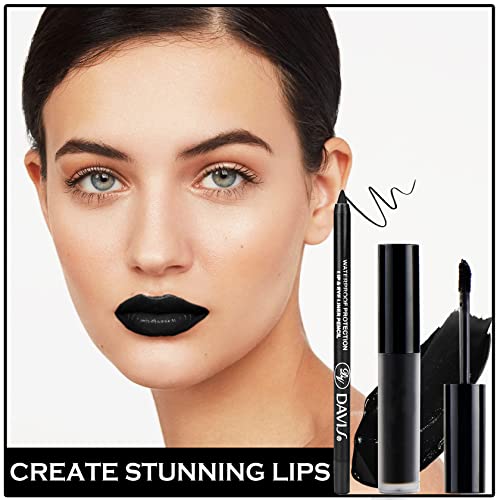 2Pcs Black Matte Lipstick And Lip Liner Set, Velvet Liquid Black Lip Gloss Matte Black Lipstick Non Stick Cup Lip Stain Waterproof Long Lasting Lipstick For Christmas Halloween Goth Black Makeup Set #TOP6