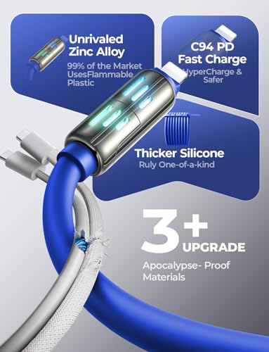 Image of LISEN USB C to Lightning Cable, 240W 4 in 1 Charging Cable 6.6FT, Chubby USB A /C to C /Lightning with Light for iPhone Charger Fast Charging iPhone Air 17 16 15 14 Pro /MacBook /iPad, Dark Blue