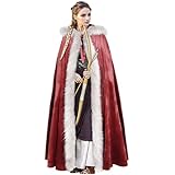 L'VOW Viking Fur Cloak with Hood Fur Hooded Cape for Women Men Ren Faire Medieval Cosplay(Red)