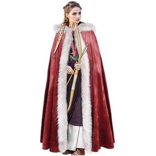 LVOW Viking Fur Cloak with Hood Fur Hooded Cape for Women Men Ren Faire Medieval Cosplay(Red)