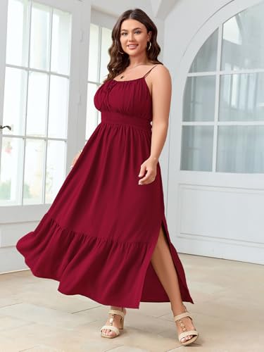Image of SCOMCHIC Plus Size Summer Boho Dresses Spaghetti Strap Sleeveless Casual Sundress Smocked Flowy Slit Beach Maxi Dress