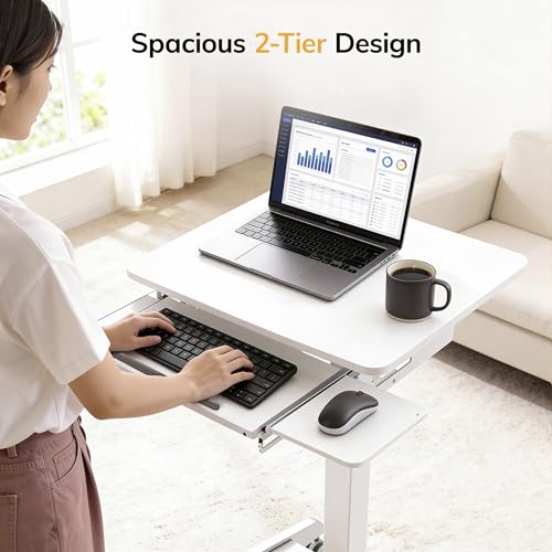 Image of Mount-It! Height Adjustable Rolling Laptop Desk with Keyboard Tray, Mobile Sit-Stand Computer Cart with Wheels, Small Standing Desk for Home, Office, or Classroom, 23.6 inch x 20.5 inch, White