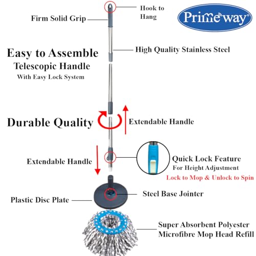 Image of Primeway Stainless Steel 127cm Extendable Floor Mop Handle /Stick with 2 Pcs Premium 115g Mop Head Refill Replacement Spares Set | Grey