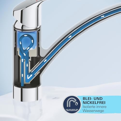 GROHE StartEdge, Küchenarmatur mit hohem Auslauf (Wasserhahn für die Küche, 360° schwenkbar, Spültischarmatur mit Keramikkartusche und langlebiger Oberfläche, werkzeugfreie Montage), chrom, 30529001