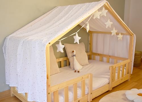 YellowNest Tela Cama Casita Montessori - Tela Cama Montessori Infantil 70x140cm y 80x160cm - Muselina 100% algodón - con Guirnalda (Blanco, 130 x 320 cm)