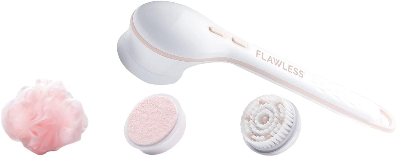 Flawless Cleanse Spa Shower Wand - Cordless Spinning Bath Brush with 4 Attachments - Loofah, Cleansing, Massage, Pumice Stone Heads