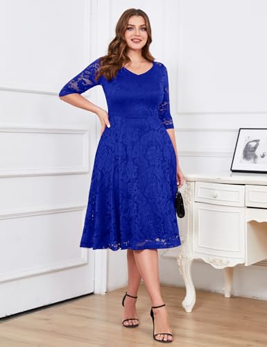 Image of Dressystar Womens Long-Sleeve Wedding Guest Dress A-Line Lace Formal Party Cocktail Midi Dress Prom Gown