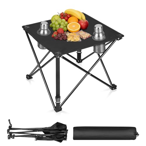 Zorpupoa Folding Camping Table, 600D Oxford Fabric Waterproof Portable Lightweight Picnic Table Travel Desk with 2 Cup Holders & Carrying Bag for Tailgating Camping Picnic Outdoor (1, Black)