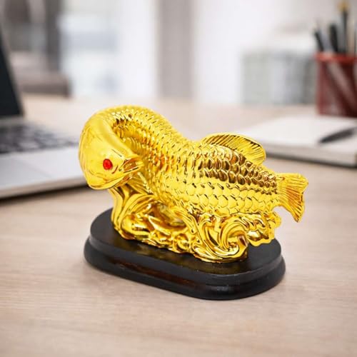 Image of Feng Shui Golden Arowana Fish Looking Back Idol for Money Collection & Career Luck | Vastu Wealth Symbol Showpiece for Office, Shop, Study Table & Home Decor | Gold Finish with Red Eye