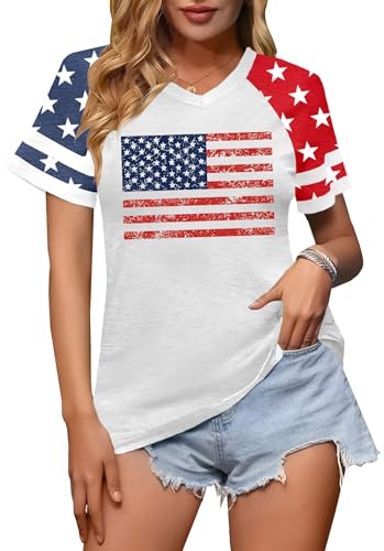 American Flag Shirts Women Patriotic Shirt 4th of July Tee Tops V-Neck Short Sleeve Summer T-Shirt