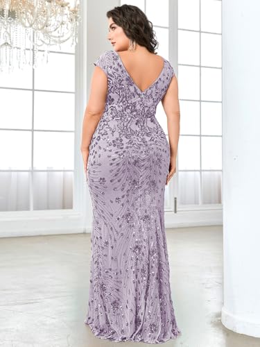 Image of Plus Size Womens Sequined Long Evening Gown Glamous Sleeveless V-Neck Mermaid Prom Dress for Wedding Party