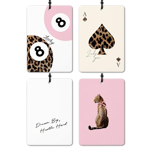 Image of Pink Leopard Print Car Air Freshener 4 Pcs, Trendy Cheetah Lucky 8 Ball Ace Card Hanging Air Freshener for Cars Closet Drawer Books Office, Girly Car Accessories Mirror Decor for Women