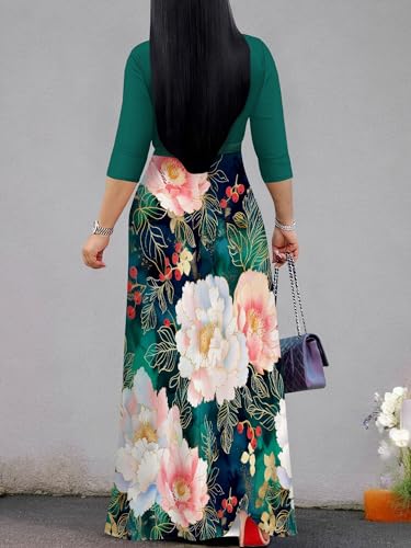 Image of SUZONANA Plus Size Dresses for Women Floral Print Maxi Dress Flowy 3 /4 Sleeve with Belt