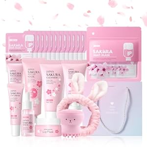 LAIKOU Sakura Skincare Set for Teen Girls, Complete 34PCS Face Care Kit, Christmas Pamper Gift Set for Women & Teenage Girls, Hydrating & Nourishing Travel-Friendly Daily Facial Skincare Routine