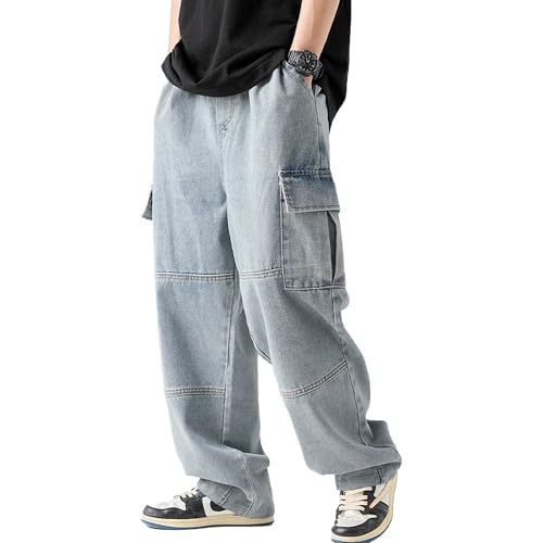 Baggy Mens Cargo Jeans Black Casual Jeans for Men Drawstring Sweatpant Denim Joggers Hip Hop Work Pants for Men