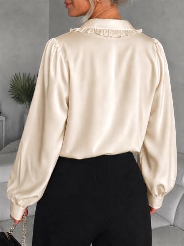 Flowyair Womens Silk Button Down Shirts Ruffle V Neck Long Sleeve Blouses - image 5
