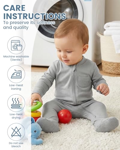 JiAmy Pyjama Bébé Fille Garçon, 2PCS Dors Bien Manches Longues Bébé, 100% Coton Combinaison avec Pieds Bébés, Nouveau-Né Vêtements Bleu Gris 0-3 Mois – vue 5