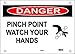 Master Lock S18402 20" Width x 14" Height Polypropylene, Black and Red on White Safety Sign, Header "Danger", Legend "Pinch Point Watch Your Hands" (with Picto)