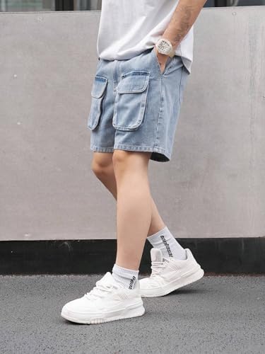 Image of GRECIILOOKS Denim Cargo Shorts for Men Stylish | Washed Jeans Half Pant for Men | Knee Length Cargo Shorts for Mens | Regular Fit Mens Pant Casual, Utility Streetwear Jorts, Travel Summer Wear