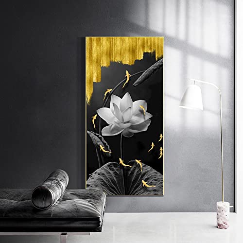 Peinture poisson or et lotus abstrait KEBIA toile 50x100cm pour déco salon