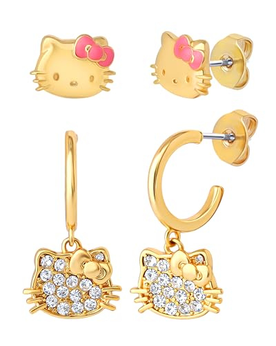 Hello Kitty Earrings for Women 2 Pairs Official License, 18K Gold Flash-Plated Studs and Huggie Earrings with Clear Crystals