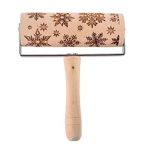 Unique WElinks Christmas Patterned Roller Baking Tools Embossing Baking Cookies Biscuit Fondant Cake Christmas Xmas Snowflake Wooden Rolling Pin (Snowflake)