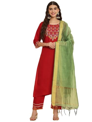 Image of VredeVogel Women's Cotton Blend Kurta Pant Set with Chanderi Silk Dupatta
