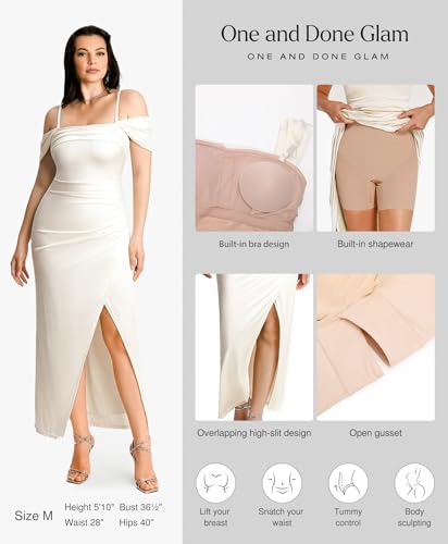 Image of Popilush Wedding Guest Dresses for Women Off Shoulder Shapewear Maxi | Multi-Way Wear, Built in Bra, Light Tummy Control, Ruched Satin Formal Cocktail Evening Bridesmaid Dress