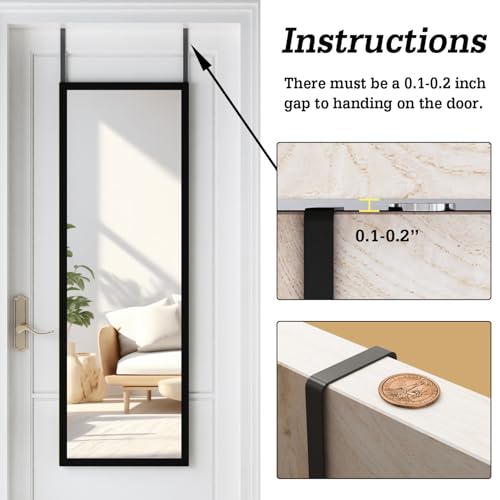 Image of whitebeach Full Body Length Door Hanging Wall Mounted Mirror with 2 Metal Hangers for Bedroom Living Room Bathroom(Black, 48 * 16 inch)