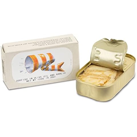 Codfish in Olive Oil and Garlic by Jose Gourmet, Wild Caught Portuguese Codfish, Canned Cod in Olive Oil, Omega 3, Fair Trade, 125g Can Cover