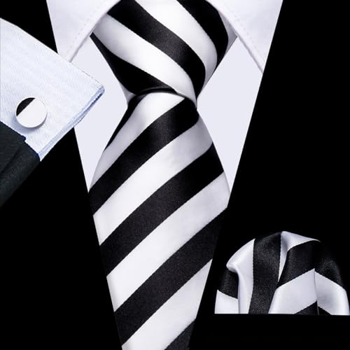 Image of Barry.Wang Man Stripe Ties Set Silk Woven Pocket Square Necktie Cufflinks Formal Party Business