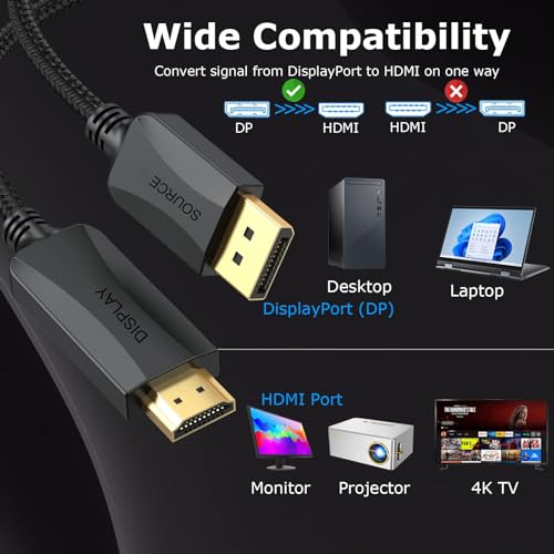 Cable DisplayPort a HDMI 4K con trenzado de nailon anti-enredos de alta velocidad 3