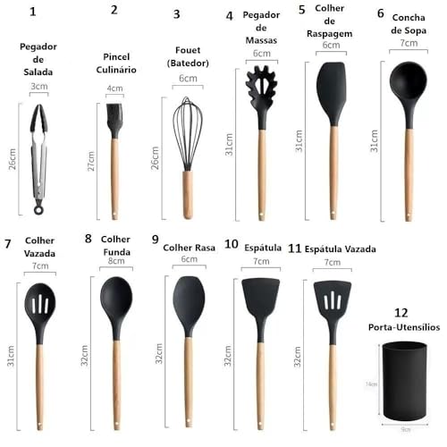 Kit 12 Utensílios De Cozinha Em Silicone Antiaderentes Com Cabo De Madeira Com Suporte Colher Espátu