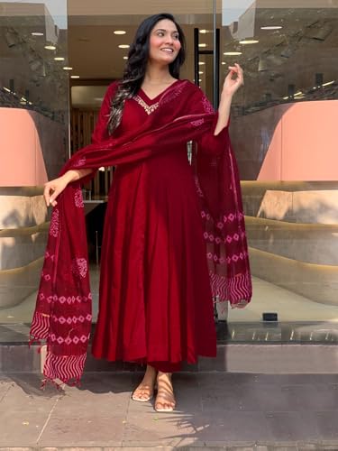 Image of GoSriKi Women Viscose Gown Kurti with Pant and Dupatta | Embroidered Kurta Set for Women | V Neck Long Kurta Dupatta Palazzo Ethnic Outfit