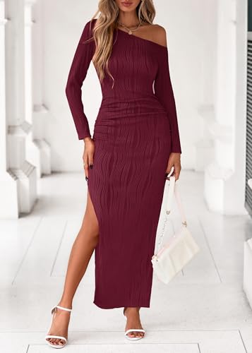 Lazysmile Womens Long Sleeve Maxi Dresses Off Shoulder Bodycon Cocktail Formal Wedding Guest Slit Long Dress Fall Outfits Wine Red — view 4