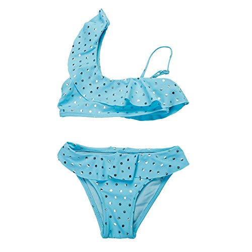 Girls 2 Piece Bathing Suit Shinny Metallic Ruffles One Shoulder Swimsuits Bikini Set Two Piece Swimsuit for Girls