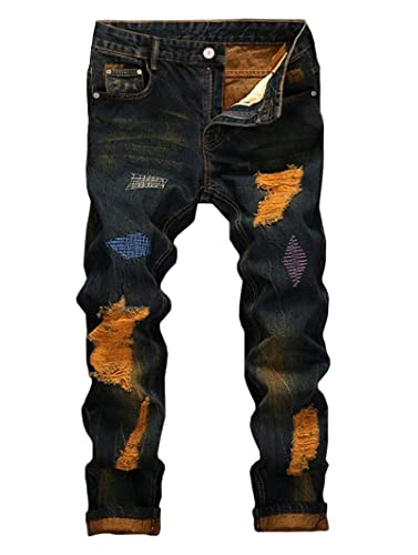 YTD Mens Distressed Ripped Biker Slim Jeans Stretched Moto Denim Pants (W38(Tag 40), A1 Gold)