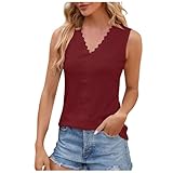 Camiseta sin mangas con cuello en V para mujer, sexy, sin mangas, cuello en V, elegante, de manga casquillo, casual, holgada, lisa, bordada, a la moda, cómoda, para entrenamiento, Rojo-d, S