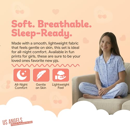 Image of US Angels Girls Pajama Set 3 Piece, Short Sleeve Button Down PJs with Shorts & Pants, Soft Sleepwear Girls & Tweens Size 5-16