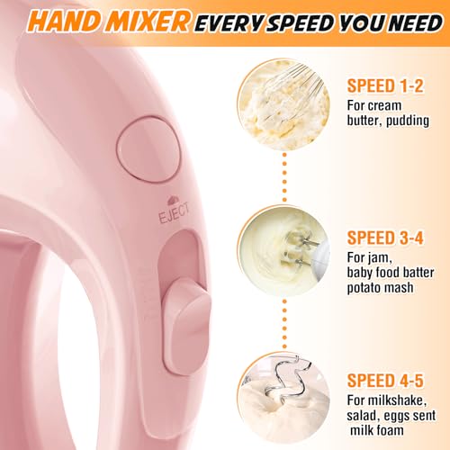 Image of Showvigor Electric Hand Mixer with 5 Stainless Steel Whisks,5 Speed,Pink