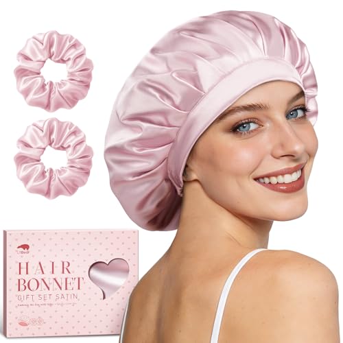 LitBear Gorro de Dormir para Mujer, Ajustable, Doble Capa, satén con Bandas elásticas para Cabello Natural Rizado