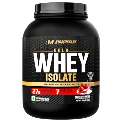 Image of Bigmuscles Nutrition Gold Whey Isolate (2kg, Albion Strawberry) | 27g Whey Protein Isolate 90% | 7 Natural Ingredients Only | 0 Added Sugar | Clean Label Project Purity Award USA