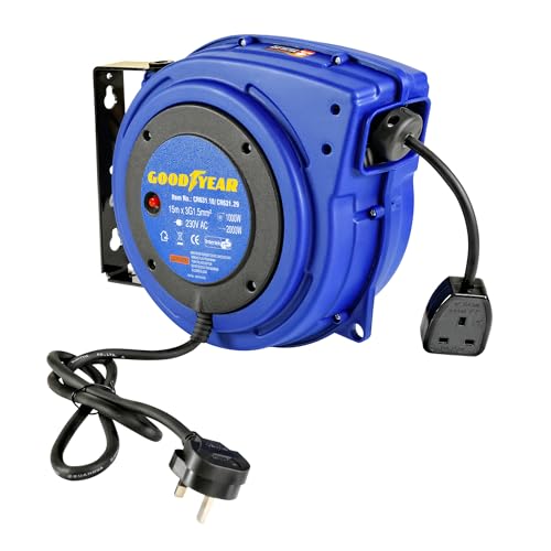 Goodyear Extension Cable Reel Retractable 15m x 3G1.5mm2 H07RN-F UK Plug 1000W/2000W Automatically Retracted Professional DIY Wall Mounting