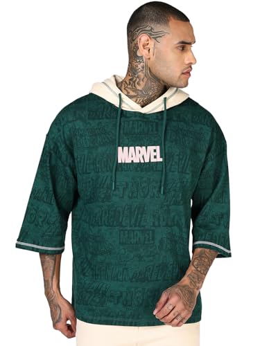 Image of Bewakoof Official Marvel Merchandise Men's All Over Printed Oversized Fit Extended Sleeve Hooded Pure Cotton T-Shirt