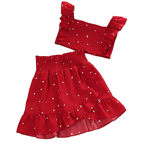 Kids Girls Outfits Set Kids Toddler Girls Ruffled Sleeve Vest Tops Polka Dot Print Elastic Waist Skirt Outfits Set (Red, 6-7 Years) #TOP15