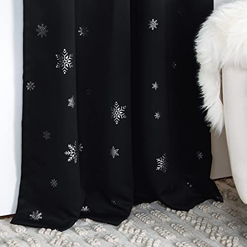 Best Home Fashion Set Of 2 Blackout Silver Snowflake Curtain Pair, Silver Grommet Window Panels For Bedroom, Living Room, Holiday, Christmas, Sun Blocking Thermal Insulated (52" W X 96" L, Black) #TOP4