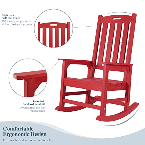 Psilvam Patio Rocking Chair, Poly Lumber Porch Rocker With High Back, 350Lbs Support Rocking Chairs For Both Outdoor And Indoor, Poly Rocker Chair Looks Like Real Wood (Red) #TOP4